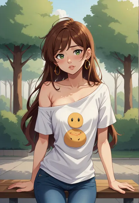 score_7, score_5, big eye kawaii, solo, elegant mature adult woman, flat_chest, narrow_waist, (long_legs), arms_at_sides, hands_on_own_thighs, contrapposto, standing, covered_nipples, huge_nipples, thigh_gap, (off_shoulder), print_shirt, t-shirt, oversized_shirt, tight_pants, jeans, (untucked_shirt:1.3), dangle_earrings, strapless, midriff, brown_hair, green_eyes, long_hair, hair_over_shoulder, head_tilt, smile, parted_lips, nervous, blush, in the park,