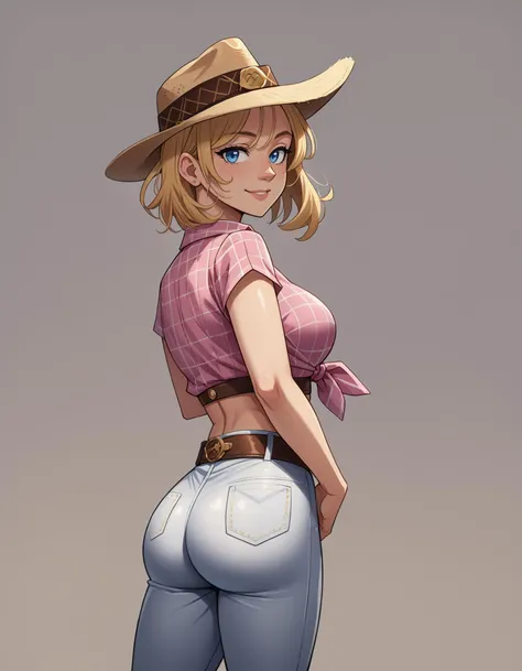 score_7, score_5, kawaii, <lora:gnd-1.2.20-sdxl.safetensors:0.8:0.0>, mature adult woman wearing a cowboy_hat, ass, ass_focus, (presenting:1.1), (cowboy_hat:1.21), (pink plaid_shirt), belt, tight_pants, taut_pants, white_pants, crop_top, midriff, hand_on_hip, hand_on_own_thigh, blonde_hair, blue_eyes, head_tilt, seductive_smile, simple_background, from_behind, looking_back, upper_body, perspective, depth_of_field, simple_background,