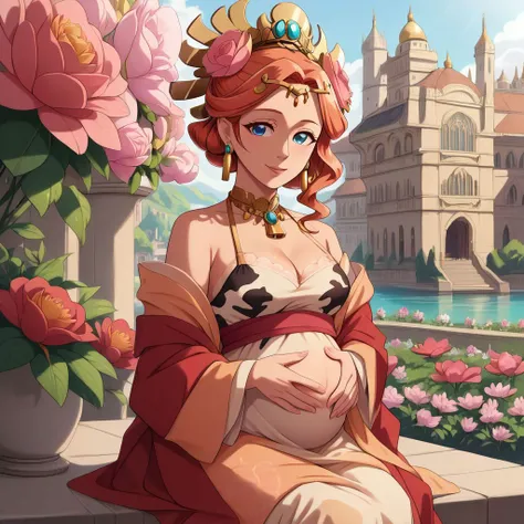 score_9, score_8_up, score_7_up, score_6_up, zPDXL, OverallDetail, [masterpiece, uncensored]
cowboy shot
1woman, solo, ywyy, hair ornament, hair stick, hair flower, earrings, necklace, blue shawl, hanfu, sash, skirt, pregnant:0.1, cleavage, bare shoulders, lace_choker, ((cow_print_clothing:1.6)), sitting, smile, looking down, hand on belly
detailed background, chinese royal palace, medieval, outside, garden, red furniture, flowers