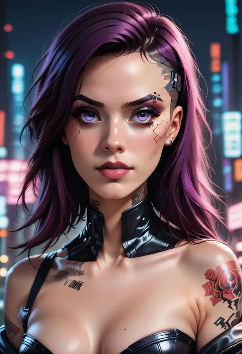 score_9,score_8_up,score_7_up,score_6_up,(masterpiece:1.2,raw photo, best quality, absurd res, ultra detailed),photorealistic,realistic,life like,real life,1girl, a sexy girl posing, dynamic posing, subtle makeup, neon lights, cyberpunk, cyberpunk-style, tattoos, piercings, purple eyes, (tomboy_fitv2:0.6), style-nebmagic, g0th1cxl, glowing, female portrait