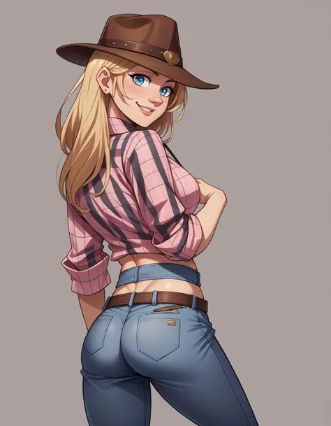 score_7, score_5, kawaii, <lora:gnd-1.2.20-sdxl.safetensors:0.8:0.0>, mature adult woman wearing a cowboy_hat, ass, ass_focus, (presenting:1.1), (cowboy_hat:1.21), (pink plaid_shirt), belt, tight_pants, taut_pants, white_pants, crop_top, midriff, hand_on_hip, hand_on_own_thigh, blonde_hair, blue_eyes, head_tilt, seductive_smile, simple_background, from_behind, looking_back, upper_body, perspective, depth_of_field, simple_background,
