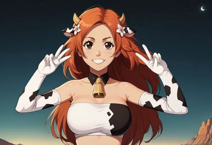 score_9, score_8_up, score_7_up, source_anime, intricate details, perfect anatomy, OverallDetail, zPDXL, BREAK
1woman, solo, inoue orihime, long hair, orange_hair, hair ornament, dark_grey_eyes, huge breasts, milf:0.3, (tube top, cow_print_elbow_gloves:1.5, cow_print_thigh_highs:1.5), double peace, head tilted, windblown hair, smile, detailed background, black_sky, ((night)), desert