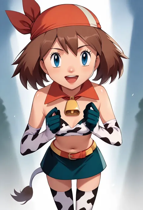 score_9, score_8_up, score_7_up, score_6_up, source_anime, zPDXL, [masterpiece]
dynamic angle
1woman, zzMay, solo, brown hair, blue eyes, medium hair, perfect, bike shorts, skirt, (red bandana), (cow_print_crop_top:1.5, cow_print_elbow_gloves:1.5, cow_print_thigh_highs:1.5), excited, jumping, bouncing
detailed background, arena, pokmon, Miltank \(pokmon\), spotlights, [vivid lighting, volumetric light]