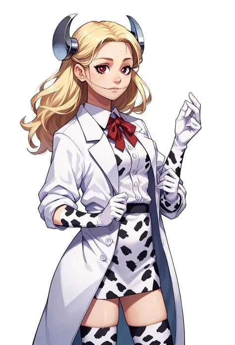 score_9, score_8_up, score_7_up, score_6_up
from front, cowboy shot
1woman, solo, madaraki_fran, [mature female], long_hair, blonde_hair, labcoat, open coat, rolled up sleeves, red ribbon, extra arms, [screws headdress], tasteful nudity, (cow_print_elbow_gloves:1.45, cow_print_thigh_highs:1.45), looking at viewer, calm, closed mouth, (standing, on tiptoes, floating body), one leg raised, covering_own_breasts_with_hands, arms outstreched
detailed background, laboratory, fFaceDetail