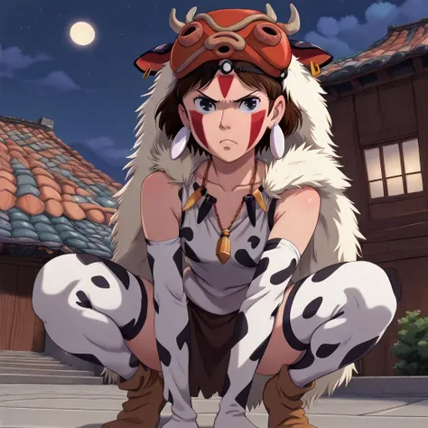 score_9, score_8_up, score_7_up, score_6_up, zPDXL, OverallDetail, [masterpiece, uncensored], [[anime, Ghibli]]
dynamic angle
1woman, solo, san, short hair, brown hair, gray eyes, light-skinned female, female focus, headband, face paint, earrings, fur cape, mask on head, tooth necklace, crystal necklace, holding dagger, (cow_print_elbow_gloves:1.5, cow_print_thigh_highs:1.5, blouse:1.5, loincloth:1.5), ((cow_print_clothing:1.6)), ragged clothing)), pouncing, crouching, fighting stance, frown
detailed background, (tiled roof), rooftop, ((night)), moon, edo era