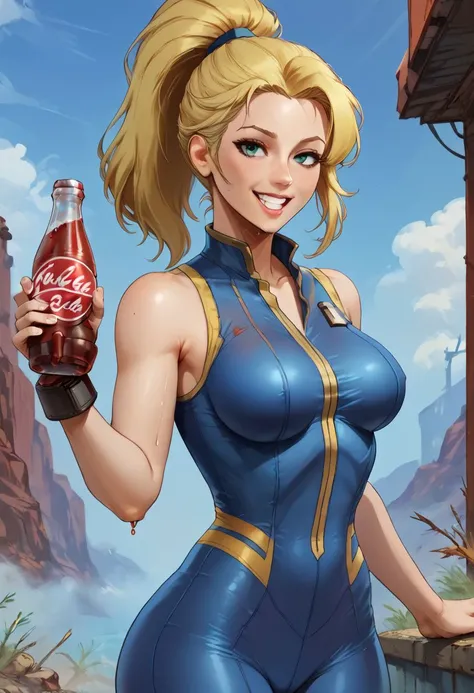 score_9, score_8_up, score_7_up, (score_9:1.1), (score_8:1.1), score_7, 1girl, aesthetic woman, 25yo, looking at viewer, happy, flirty, vault suit, fallout, medium breasts, lithe, sleeveless, blonde hair, high ponytail, holding nuka cola bottle, pouring nuka cola on breasts, suggestive, cowboy shot,
zPDXL, csr style