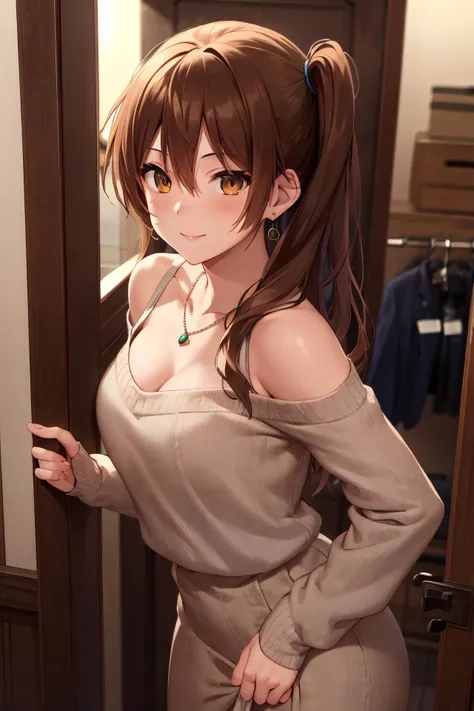 masterpiece, (best quality), 1woman,1girl ,shinka_nibutani, brown hair, long hair, side ponytail, brown eyes,formal dress, dress, sweater,medium breasts,hair ornament ,sexy woman,smile, hair between eyes, jewelry, earrings, necklace ,closed clothes, embarrassed,blush, bare shoulders, vibrant colors ,natural lighting ,RTX, , beautiful, (detailed face:1.2), showcase, (perfect eyes:1.1) ,(photorealistic:1.1), 8k uhd, looking at viewer, indoors, simple backround,