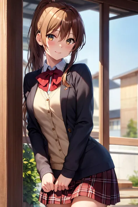 masterpiece, (best quality), 1woman,1girl ,shinka_nibutani, brown hair, long hair, side ponytail, brown eyes,icho private high school unfirom, school uniform, sweater,medium breasts,hair ornament ,sexy woman,smile, hair between eyes, long sleeves,closed clothes, embarrassed,blush, skirt, vibrant colors ,natural lighting ,RTX, , beautiful, (detailed face:1.2), showcase, (perfect eyes:1.1) ,(photorealistic:1.1), 8k uhd, looking at viewer, outdoors, simple backround,