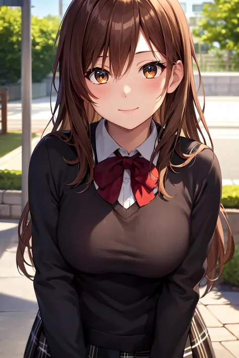 masterpiece, (best quality), 1woman,1girl ,shinka_nibutani, brown hair, long hair, , brown eyes,icho private high school unfirom, school uniform, sweater,medium breasts,hair ornament ,sexy woman,smile, hair between eyes, long sleeves,closed clothes, embarrassed,blush, skirt, vibrant colors ,natural lighting ,RTX, , beautiful, (detailed face:1.2), showcase, (perfect eyes:1.1) ,(photorealistic:1.1), 8k uhd, looking at viewer, outdoors, simple backround,