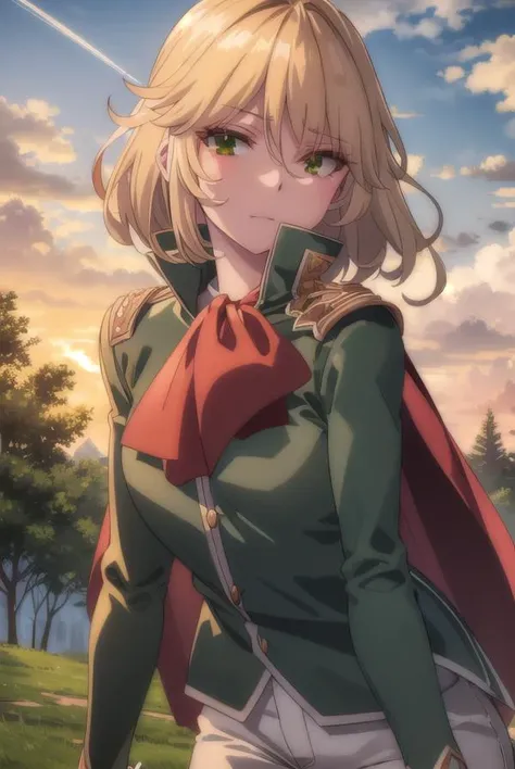 healerblade, <lora:healer blade s1-lora-nochekaiser:1>,
blade, blonde hair, (green eyes:1.5), short hair, hair between eyes,
BREAK long sleeves, pants, cape, uniform, military, ascot, white pants,
BREAK outdoors, forest, nature, trees, grass, sun, sky, clouds,
BREAK looking at viewer, (cowboy shot:1.5),
BREAK <lyco:GoodHands-beta2:1>, (masterpiece:1.2), best quality, high resolution, unity 8k wallpaper, (illustration:0.8), (beautiful detailed eyes:1.6), extremely detailed face, perfect lighting, extremely detailed CG, (perfect hands, perfect anatomy),