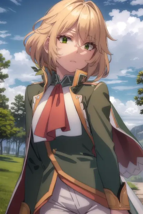 healerblade, <lora:healer blade s1-lora-nochekaiser:1>,
blade, blonde hair, (green eyes:1.5), short hair, hair between eyes,
BREAK long sleeves, pants, cape, uniform, military, ascot, white pants,
BREAK outdoors, forest, nature, trees, grass, sun, sky, clouds,
BREAK looking at viewer, (cowboy shot:1.5),
BREAK <lyco:GoodHands-beta2:1>, (masterpiece:1.2), best quality, high resolution, unity 8k wallpaper, (illustration:0.8), (beautiful detailed eyes:1.6), extremely detailed face, perfect lighting, extremely detailed CG, (perfect hands, perfect anatomy),