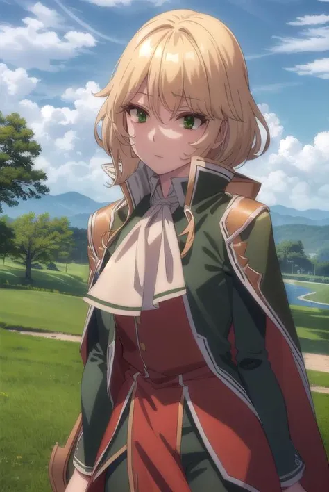 healerblade, <lora:healer blade s1-lora-nochekaiser:1>,
blade, blonde hair, (green eyes:1.5), short hair, hair between eyes,
BREAK long sleeves, pants, cape, uniform, military, ascot, white pants,
BREAK outdoors, forest, nature, trees, grass, sun, sky, clouds,
BREAK looking at viewer, (cowboy shot:1.5),
BREAK <lyco:GoodHands-beta2:1>, (masterpiece:1.2), best quality, high resolution, unity 8k wallpaper, (illustration:0.8), (beautiful detailed eyes:1.6), extremely detailed face, perfect lighting, extremely detailed CG, (perfect hands, perfect anatomy),