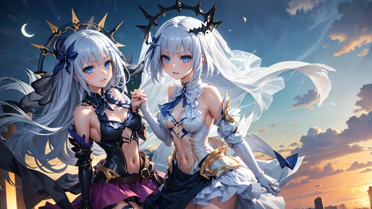 (bilateral symmetry:2),(2girl:1.2),
AND,(night_sky:1.5),Very detailed sky,moon,moonlight,(2girl:1.2),drk1,standting,(cowboy_shot:1.4),holding_hands,
AND,(blue sky:1.5),Very detailed sky,sum,sunlight,(2girl:1.2),(wht1:1.2),standting,(cowboy_shot:1.4),holding_hands,
AND,<lora:é¸¢ä¸æçº¸-人ç©-约ä¼å¤§ä½æ-ä¸å¥æè£
:1>,outdoors,
absurdres,(incredibly absurdres:1.2),masterpiece,best quality,
Very detailed hair,Very detailed eyes,Very detailed face,Very detailed clothing,
seductive_smile,game cg,real,artbook,Cinematic Lighting,(fierce wind:1.3),