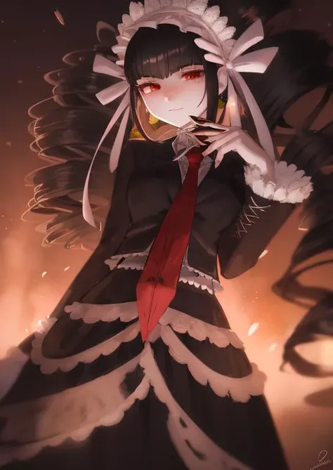 (masterpiece, best quality:1.2), extremely detailed, soft ambient lighting, sharp focus, 4K, BREAK <lora:zCelestiaDG:1>, celestiadg, 1girl, solo, red necktie, claw ring, white shirt, jewelry, black jacket, frills, bonnet, black nails, black hair, black twin drills, BREAK standing, looking at viewer,