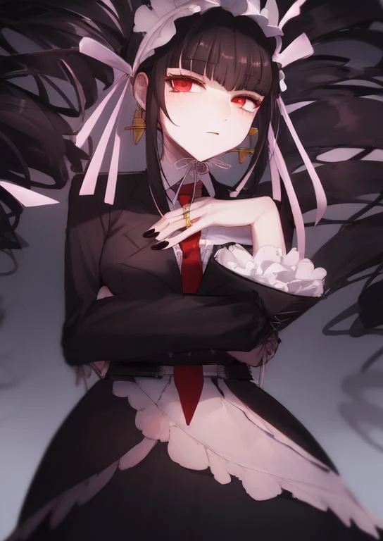 (masterpiece, best quality:1.2), extremely detailed, soft ambient lighting, sharp focus, 4K, BREAK <lora:zCelestiaDG:1>, celestiadg, 1girl, solo, red necktie, claw ring, white shirt, jewelry, black jacket, frills, bonnet, black nails, black hair, black twin drills, BREAK standing, looking at viewer,