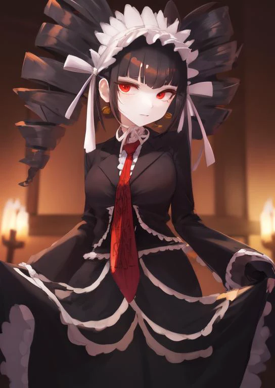 (masterpiece, best quality:1.2), extremely detailed, soft ambient lighting, sharp focus, 4K, BREAK <lora:zCelestiaDG:1>, celestiadg, 1girl, solo, red necktie, claw ring, white shirt, jewelry, black jacket, frills, bonnet, black nails, black hair, black twin drills, BREAK standing, looking at viewer,