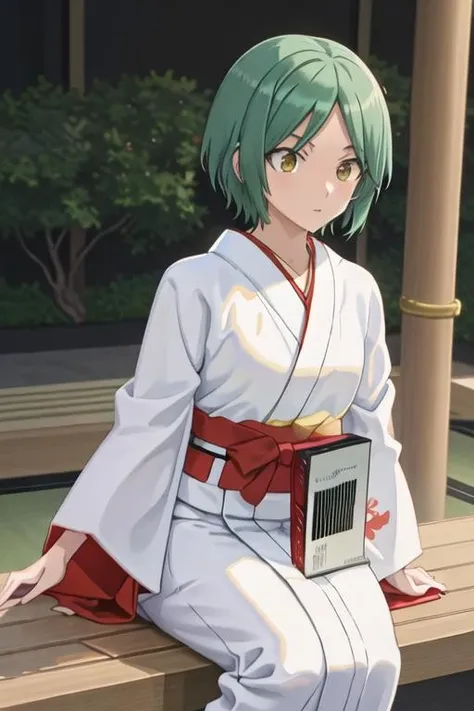 best quality, masterpiece, highres, solo, {white kimono:1.35}, {red hakama:1.35}, {wide sleeves:1.20}, {minano_matome_mangakasantoassistantsanto:1.15}, green_hair, short_hair, yellow_eyes