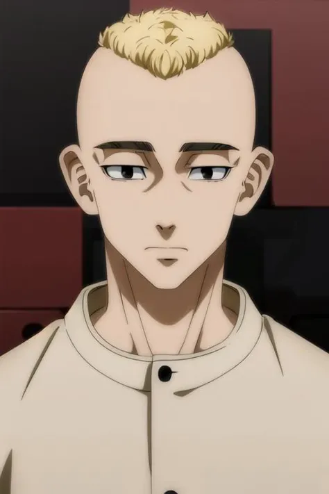 (best quality:1.1), (masterpiece:1.4), wallpaper, looking at viewer, upper body, , anime coloring, realistic, 1boy, solo, male focus, <lora:yasuhiro_mutou:0.84>, yasuhiro_mutou, blonde hair, black eyes, short hair, bald, , gakuran