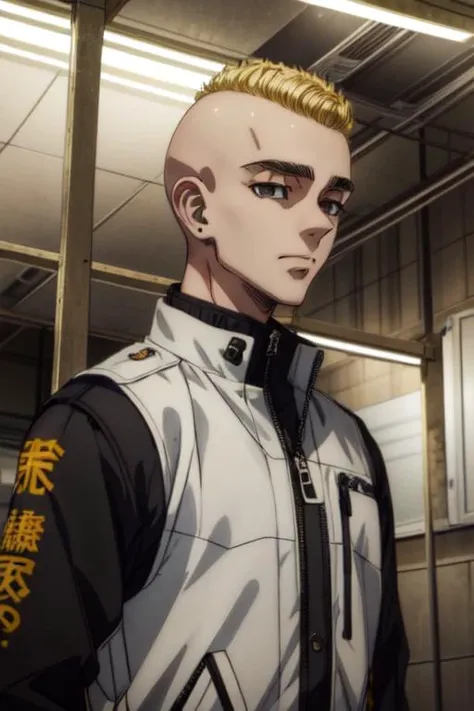 (best quality:1.1), (masterpiece:1.4), illustration, , , depth of field, anime coloring, , 1boy, solo, male focus, <lora:yasuhiro_mutou:0.82>, yasuhiro_mutou, blonde hair, black eyes, short hair, bald, , jacket, , science fiction dystopian, HD-DVD