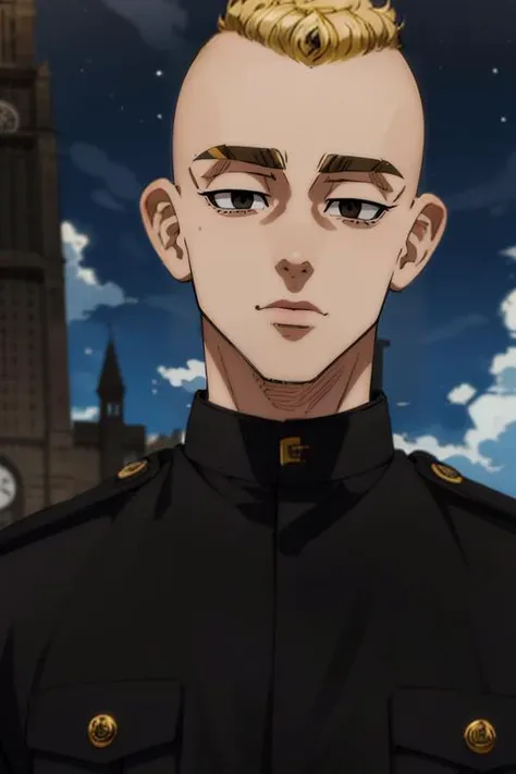 (best quality:1.1), (masterpiece:1.4), wallpaper, , upper body, , , , 1boy, solo, male focus, <lora:yasuhiro_mutou:0.9>, yasuhiro_mutou, blonde hair, black eyes, short hair, bald, thick eyebrows, gakuran, , homburg, The Tower of Oblivion: A stronghold where forgotten secrets and dark magic are hidden,