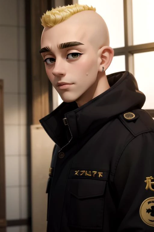 (best quality:1.1), (masterpiece:1.4), photorealistic, looking at viewer, , , , , 1boy, solo, male focus, <lora:yasuhiro_mutou:0.82>, yasuhiro_mutou, blonde hair, black eyes, , bald, thick eyebrows, jacket, , social science fiction,