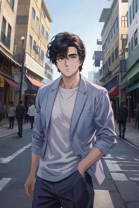 masterpiece, best quality,ultra detail,<lora:GoodHands-vanilla:0.8> <lora:anmnr01:0.3> <lora:add_detail:0.5>, 1man,<lora:ryo_saeba:0.7>,ryos,city street,