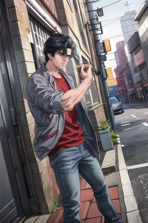 masterpiece, best quality,ultra detail,<lora:GoodHands-vanilla:0.8> <lora:anmnr01:0.3> <lora:add_detail:0.5>, 1man,black hair,<lora:ryo_saeba:0.7>,ryos,urban street,red inner,gray jacket,jeans,stylish pose,side angle