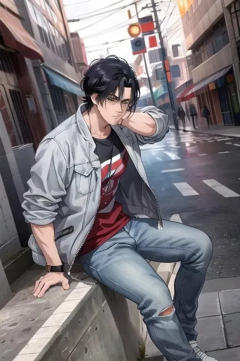 masterpiece, best quality,ultra detail,<lora:GoodHands-vanilla:0.8> <lora:anmnr01:0.3> <lora:add_detail:0.5>, 1man,black hair,<lora:ryo_saeba:0.7>,ryos,urban street,red inner,gray jacket,jeans,stylish pose,side angle