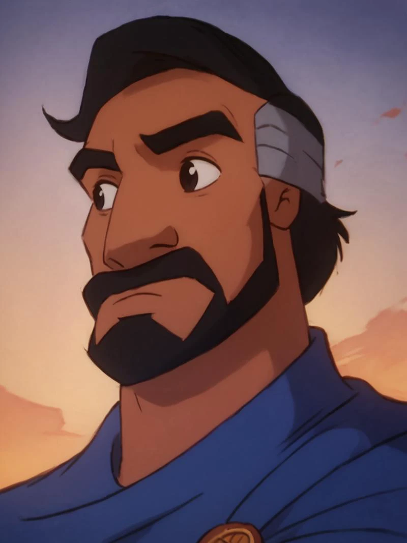 score_9, score_8_up, score_8, score_7_up, volumetric lighting, cassim, solo, short hair, black hair, 1boy, closed mouth, upper body, male focus, dark skin, black eyes, looking to the side, facial hair, dark-skinned male, beard, mustache, <lora:aladdin_pony_v1:0.9>