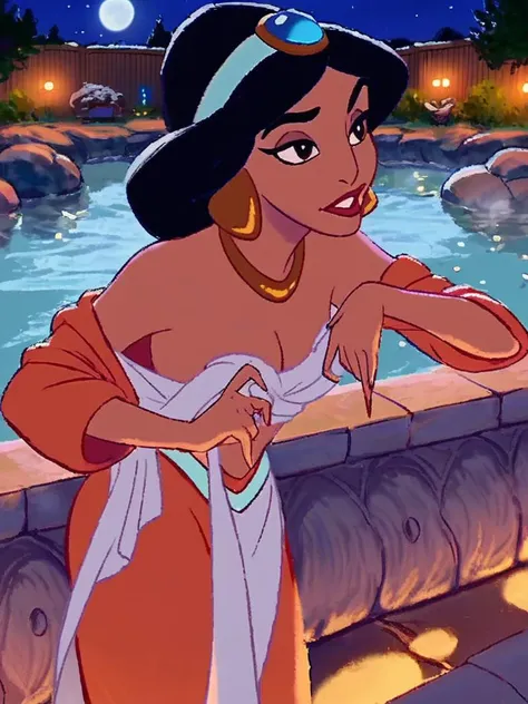 (score_9, score_8_up:1.1), score_7_up, 1girl, princess jasmine in red, sexy, medium boobs, wearing red suit, undressing revealing cleavage, standing in a Onsen, bath, ruined city, dark, at night, moon.
<lora:aladdin_pony_v1:0.8>