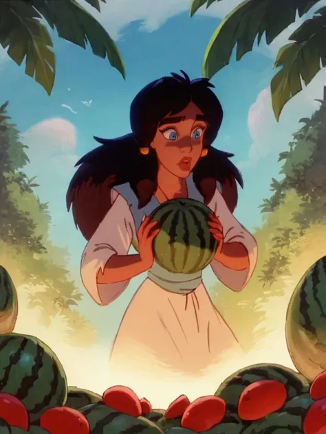 score_9, score_8_up, score_8, score_7_up, volumetric lighting, sadira, 1girl, solo, long hair, blue eyes, black hair, food, dark skin, dark-skinned female, fruit, watermelon, <lora:aladdin_pony_v1:0.9>