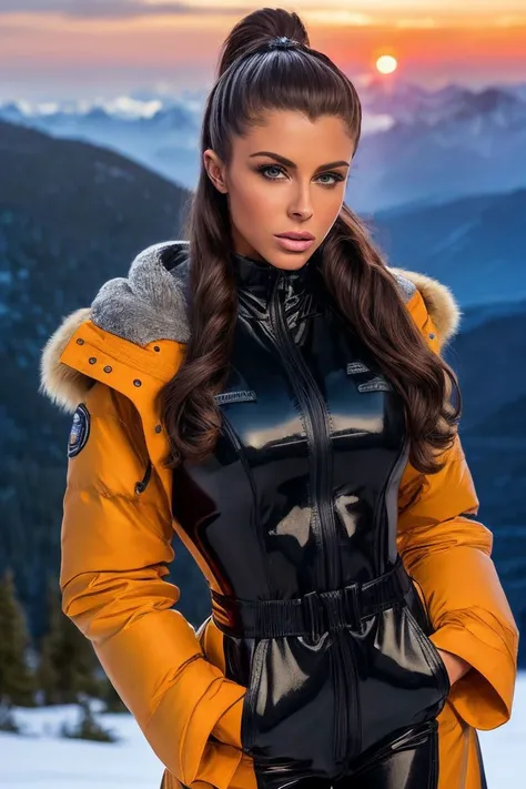 photo of S231_KittyTikos,a stylish woman,on a (snowy-mountain),wearing a (parkas:1.1),(sunset),(8k, RAW photo, best quality, depth of field, ultra high res:1.1),(absurdres, intricate, photorealistic, masterpiece, ultra-detailed:1.2),