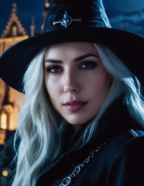 cinematic photo spooky gothic hyper realistic closeup portrait painting, beautifully rendered, gorgeous (((ohwx woman))) witch with a pointy witch hat, (smooth skin:1.2) at night, moonlight castle in the background, painted by greg rutkowski, wlop, artgerm, bloodborne, dishonored 2, atmospheric lighting <lora:alanah_dh128_sdxxxl_v1-step00008000:1> . 35mm photograph, film, bokeh, professional, 4k, highly detailed