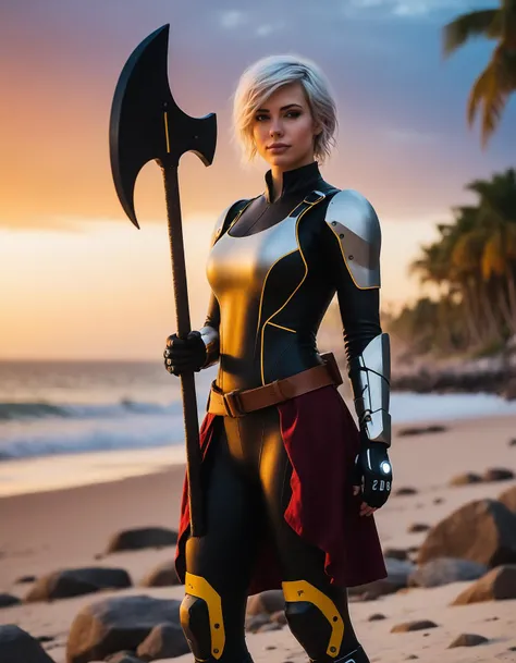 cinematic photo cartoon version of of (((ohwx woman))) <lora:alanah_dh128_v1-step00010000:1.1> holding an axe on the beach, digital painting masterpiece by rembrandt and konstantin razumov centered portrait concept artstation trending dramatic lighting hyperdetailed unreal engine 8k ultra hd illustration canon eos-1 d mark iii nikola tesla dofus overwatch symmetrical balance pinterest eyes glass lips helmet metal gear solid brown leather suit bobblehead mask robot cyberpunk 2 . 35mm photograph, film, bokeh, professional, 4k, highly detailed