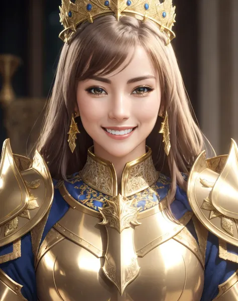 Masterpiece, absurdres, fine detail, HDR,highly detailed armor with gold plating, shiny armor, photorealistic,smiling, excited,<lora:PLD_amor:0.75>,PLD_armor, a beautiful topd_woman knight in armor, wearing PLD_armor, blue scarf, <lora:topd1:0.5>, perfect topd_body, perfect topd_face