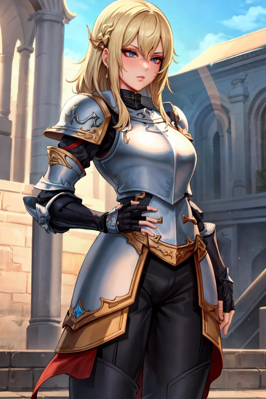 (masterpiece:1.2), (best quality:1.2), perfect eyes, perfect face, perfect lighting, 1girl, mature female paladin standing on a cathedral stairs, sunshine, blonde hair, intricate hairdo, paladin_glam, red and black armor, pauldron, fingerless gauntlets, tight leather trousers, holy symbol, detailed background, concentration, makeup, eyeshadow, thick eyelashes <lora:paladinFashion_v10:0.7>