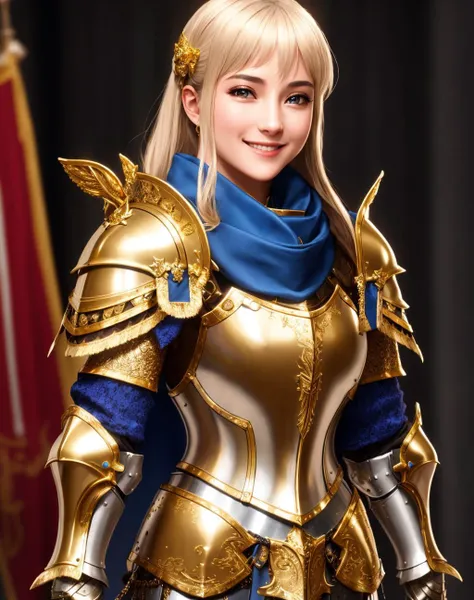 Masterpiece, absurdres, fine detail, HDR,highly detailed armor with gold plating, shiny armor, photorealistic,smiling, excited,<lora:PLD_amor:0.75>,PLD_armor, a female knight in armor, wearing PLD_armor, blue scarf