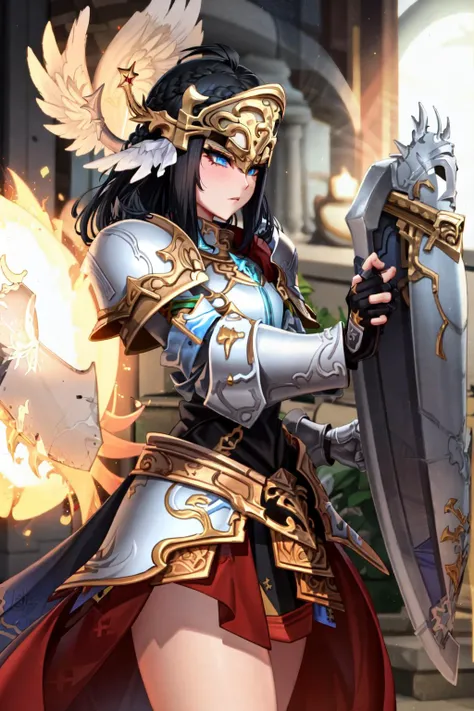 (masterpiece:1.2), (best quality:1.2), perfect eyes, perfect face, perfect lighting, 1girl, mature female paladin raishing a shield in a dark crypt, short black hair, crown braid, paladin_glam, white and gold armor, pauldron, fingerless gauntlets, pelvic curtain, war hammer, holy symbol, winged helmet, detailed background, concentration, makeup, eyeshadow, thick eyelashes <lora:paladinFashion_v10:1>