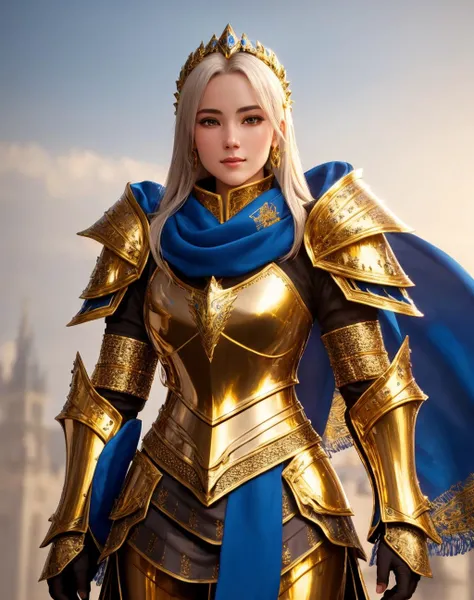 Masterpiece, absurdres, fine detail, HDR,highly detailed armor with gold plating, shiny armor, photorealistic, excited,<lora:PLD_amor:0.75>,PLD_armor, a beautiful topd_woman knight in armor, wearing PLD_armor, blue scarf, <lora:topd1:0.5>, perfect topd_body, perfect topd_face