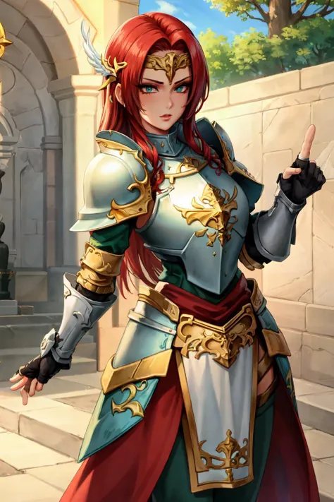 (masterpiece:1.2), (best quality:1.2), perfect eyes, perfect face, perfect lighting, 1girl, mature female paladin standing on a cathedral stairs, sunshine, long red hair, intricate hairdo, paladin_glam, green and gold armor, pauldron, fingerless gauntlets, pelvic curtain, holy symbol, detailed background, concentration, makeup, eyeshadow, thick eyelashes   <lora:paladinFashion_v10:0.7>