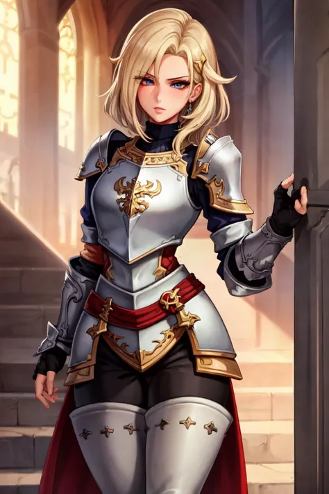 (masterpiece:1.2), (best quality:1.2), perfect eyes, perfect face, perfect lighting, 1girl, mature female paladin standing on a cathedral stairs, sunshine, blonde hair, intricate hairdo, paladin_glam, red and black armor, pauldron, fingerless gauntlets, tight leather trousers, holy symbol, detailed background, concentration, makeup, eyeshadow, thick eyelashes   <lora:paladinFashion_v10:0.7>