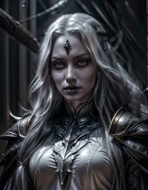 <lora:RPGDrow:0.8> drow
<lora:PLD_armor:0.8> PLD_armor, wearing PLD_armor
<lora:more_details:0.5>
<lora:detailed_eye-10:1>
<lora:1717438748012578418:0.3> Details++
A dark, foreboding castle where a wicked queen reigns
In the dimly lit chamber of the underground fortress, amidst the faint glimmer of torchlight, stands a drow female paladin who commands attention with every graceful movement. Her (((obsidian skin))), reminiscent of the shadowy depths from which her kin hail, exudes an otherworldly allure, contrasting starkly with the gleaming silver armor that adorns her lithe frame. Each piece of armor is masterfully crafted, accentuating her curves with a seductive elegance that speaks of both strength and sensuality. Cascading down her back like a waterfall of pristine white silk, her hair is a striking contrast to the darkness of her skin, each strand seeming to shimmer with an ethereal glow in the flickering torchlight. With an air of smug confidence, she carries herself with a regal poise, her piercing red eyes gleaming with a hint of arrogance as they survey her surroundings with a predatory gaze. Despite her imposing presence, there is an undeniable magnetism to her demeanor, a dangerous allure that draws the unwary closer like moths to a flame. With each step, she exudes an aura of power and dominance, daring any who would challenge her to test their mettle against her formidable prowess. She is a vision of dark beauty and unbridled ambition, a force to be reckoned with in both battle and seduction.