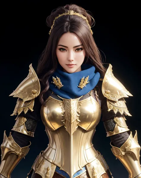 Masterpiece, absurdres, fine detail, HDR,highly detailed armor with gold plating, shiny armor, photorealistic, excited,<lora:PLD_amor:0.75>,PLD_armor, a beautiful topd_woman knight in armor, wearing PLD_armor, blue scarf, <lora:topd1:0.5>, perfect topd_body, perfect topd_face