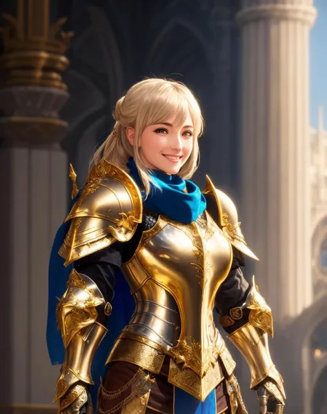 Masterpiece, absurdres, fine detail, HDR,highly detailed armor with gold plating, shiny armor, photorealistic,smiling, excited,<lora:PLD_amor:0.75>,PLD_armor, a female knight in armor, wearing PLD_armor, blue scarf