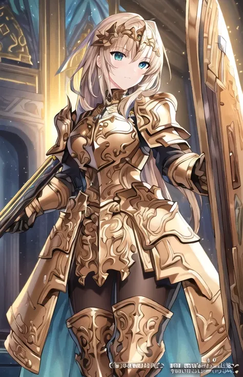 ((best quality)), ((highly detailed)), masterpiece, ((official art)), (detailed eyes, deep eyes), (1girl:1.33, solo), <lora:paladinFashion_v10:.6>, Paladin, paladin_glam, paladin armor, holding a shield, (golden glow)