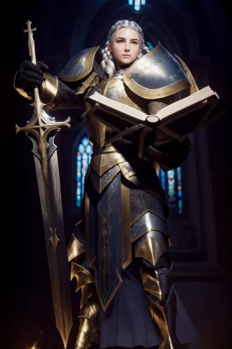 cinematic shot of 1 beautiful young female paladin, silver hair, braids hair style, holding bible, PLD_armor, close up view,
dark church, multiple color spotlights, stained glass window,
masterpiece, (photorealistic:1.3), high frequency details, 8K,uhd, absurdres(film grain), film noise, cinematic lighting,
<lora:PLD_armor:1>
