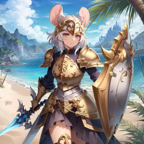 ((best quality)), ((highly detailed)), masterpiece, detailed face, beautiful face, (detailed eyes, deep eyes), (1girl), leaning, ((<lora:paladinFashion_v10:.5>, Paladin, paladin_glam, paladin armor, holding a shield, holding a spear, (golden glow))), <lora:aiomonstergirls_loraLocon:.7>, (mouse girl), mouse ears, mouse tail, (in a tropical island)
