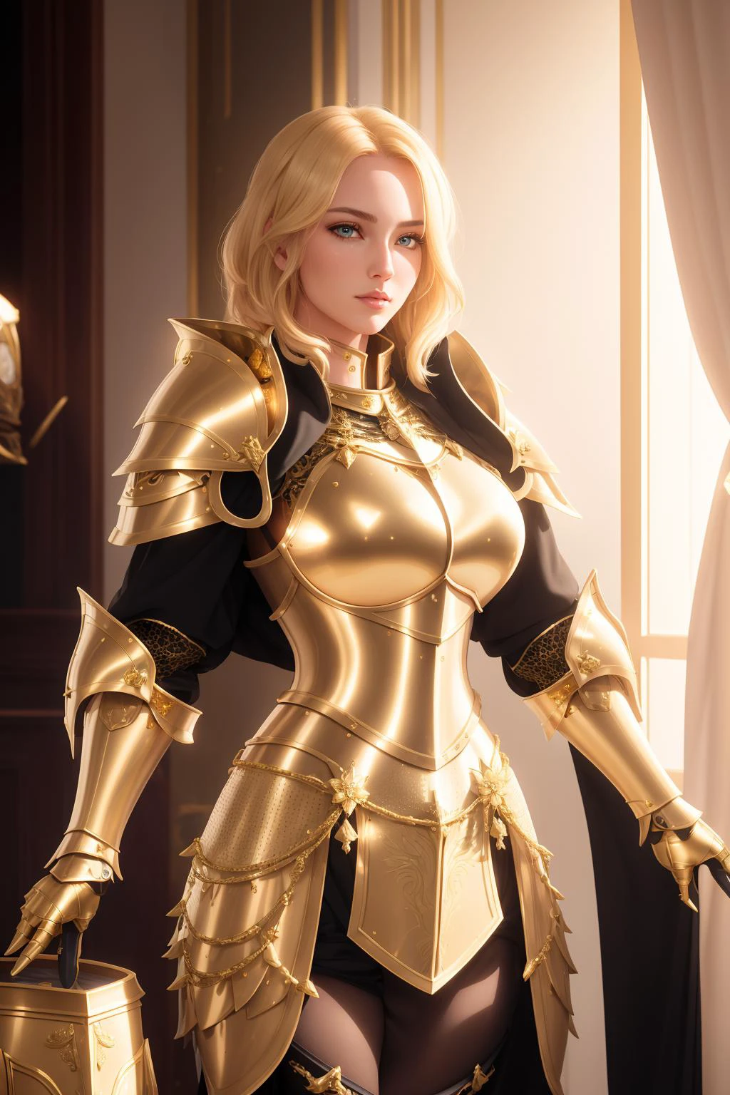 a  portrait of a ginormous [vixen|seductress]  , sunshine , highly detailed armor with gold plating, shiny armor, photorealistic,<lora:PLD_armor:0.75>,PLD_armor, a female knight in armor, wearing PLD_armor,  perfect face, pretty face, jade eyes, honey blonde hair, very short hair, medium breasts, lush detail, absurdres,