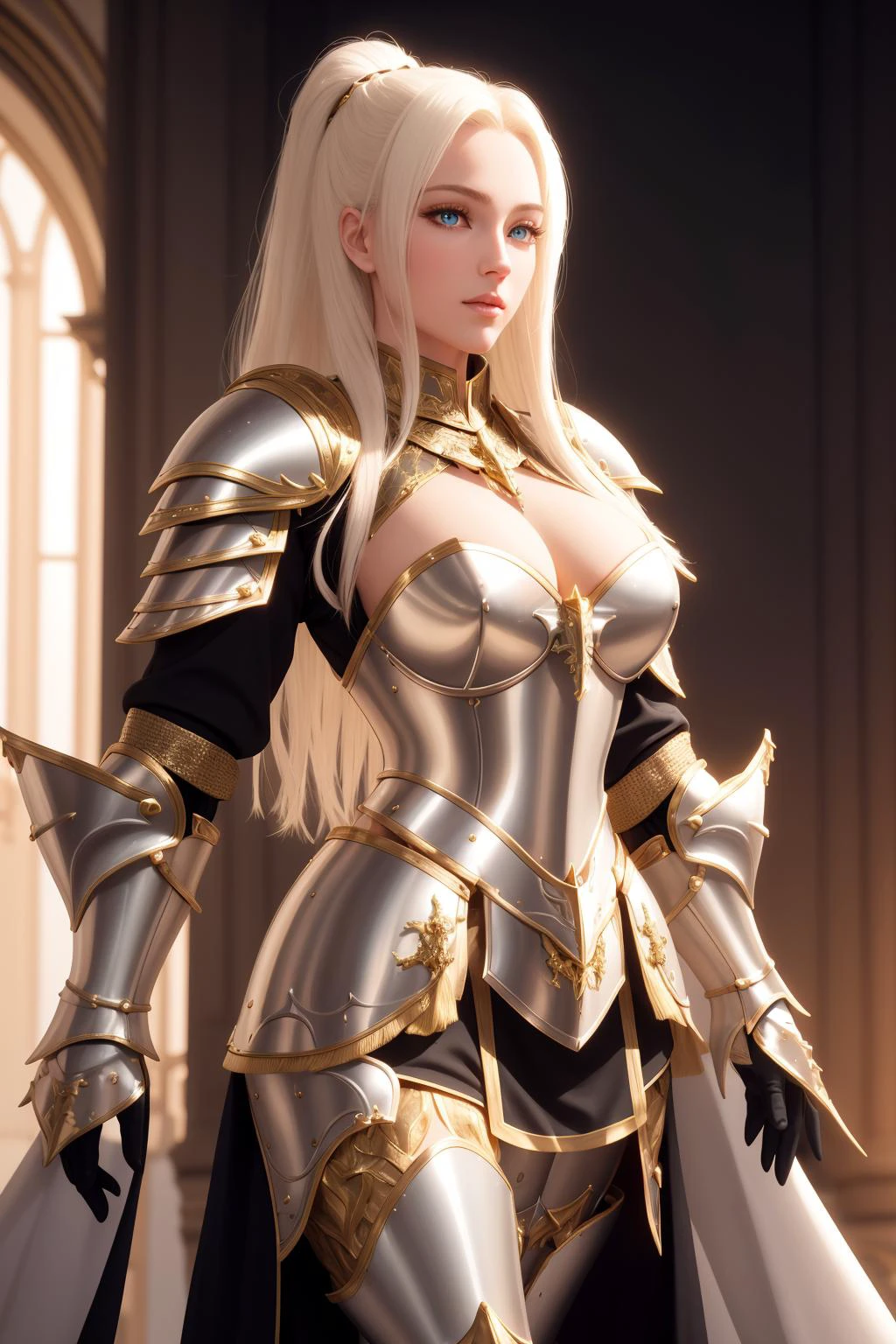 a whole-body portrait of a slight [seductress|goddess]   , highly detailed armor with gold plating, shiny armor, photorealistic,<lora:PLD_armor:0.75>,PLD_armor, a female knight in armor, wearing PLD_armor,  perfect face, pretty face, coral eyes, platinum blonde hair, long hair, medium breasts, lush detail, absurdres,