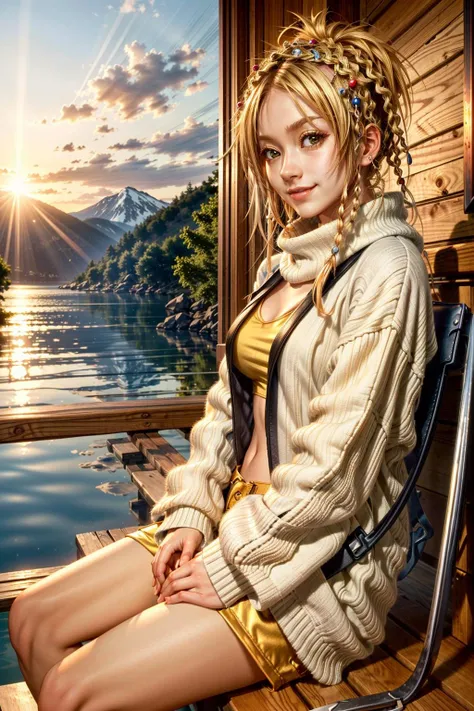(masterpiece, best quality:1.3)
<lora:epi_noiseoffset2:1> <lora:add_detail:0.7> <lora:RikkuFF10:0.9>
RikkuFF10, 1girl, solo, smile, blonde hair, Cozy Attire, Lakeside Cabin, Sunset, Golden Light, Tranquility
